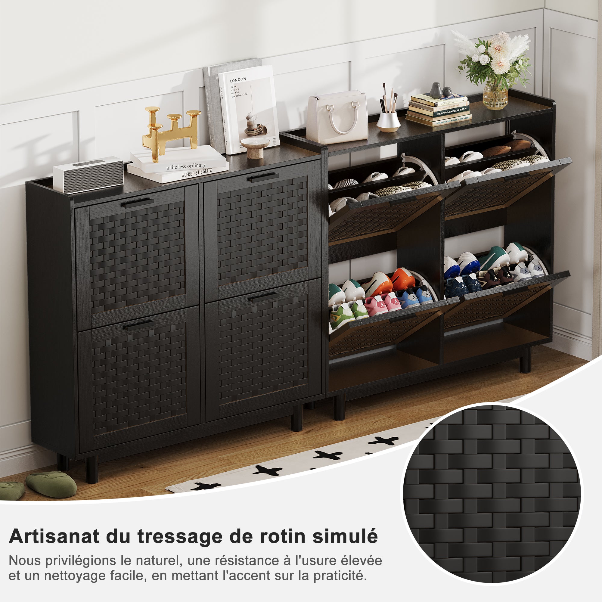 Sapateira em Rattan, Armário para Sapatos com 4 Gavetas Basculantes, Móvel para Sapatos com Divisória Regulável, 24 Pares, 100x24x95cm, Preto - 8