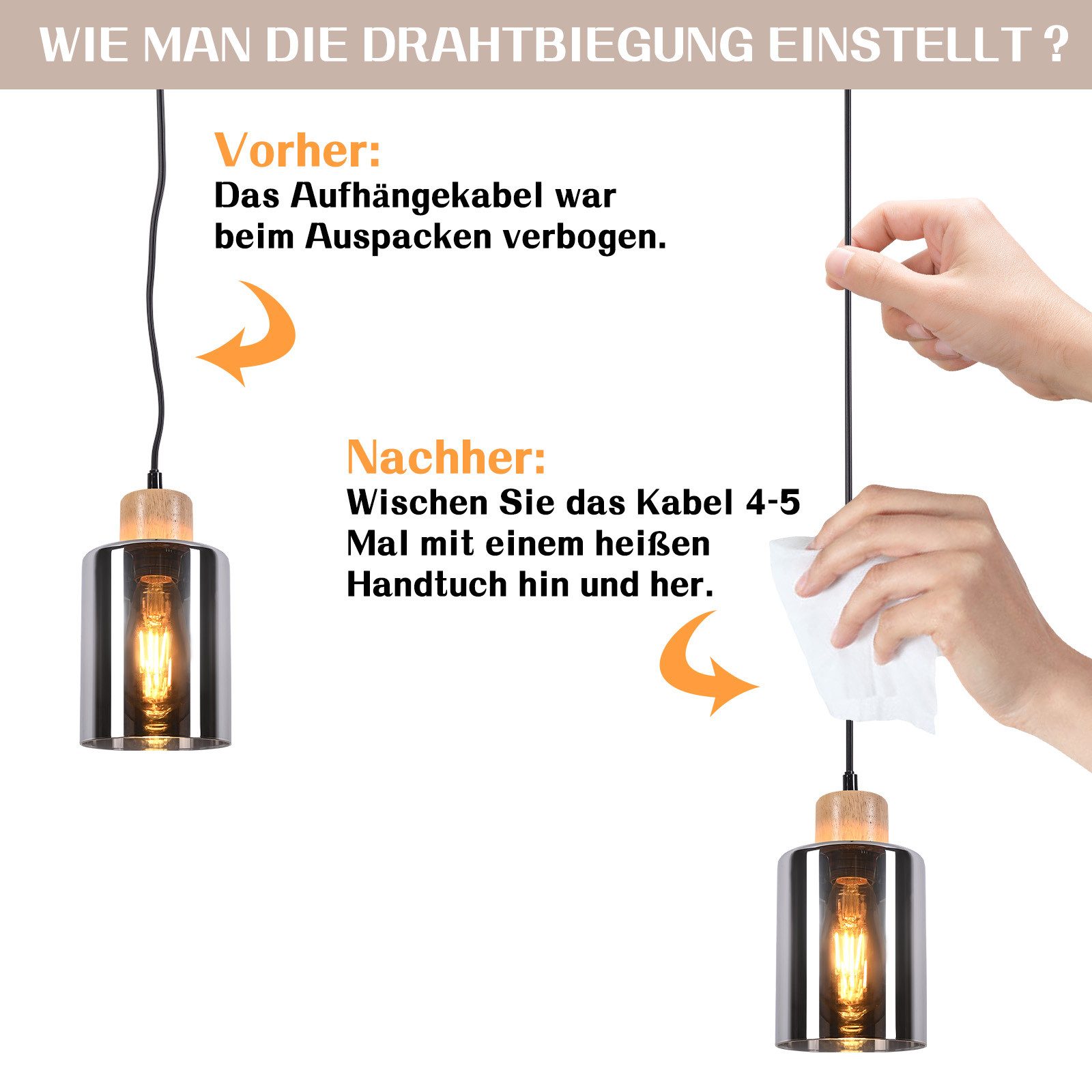 NETTLIFE Suspension en bois, lampe suspendue E27, lampe de table à manger vintage en verre - 5