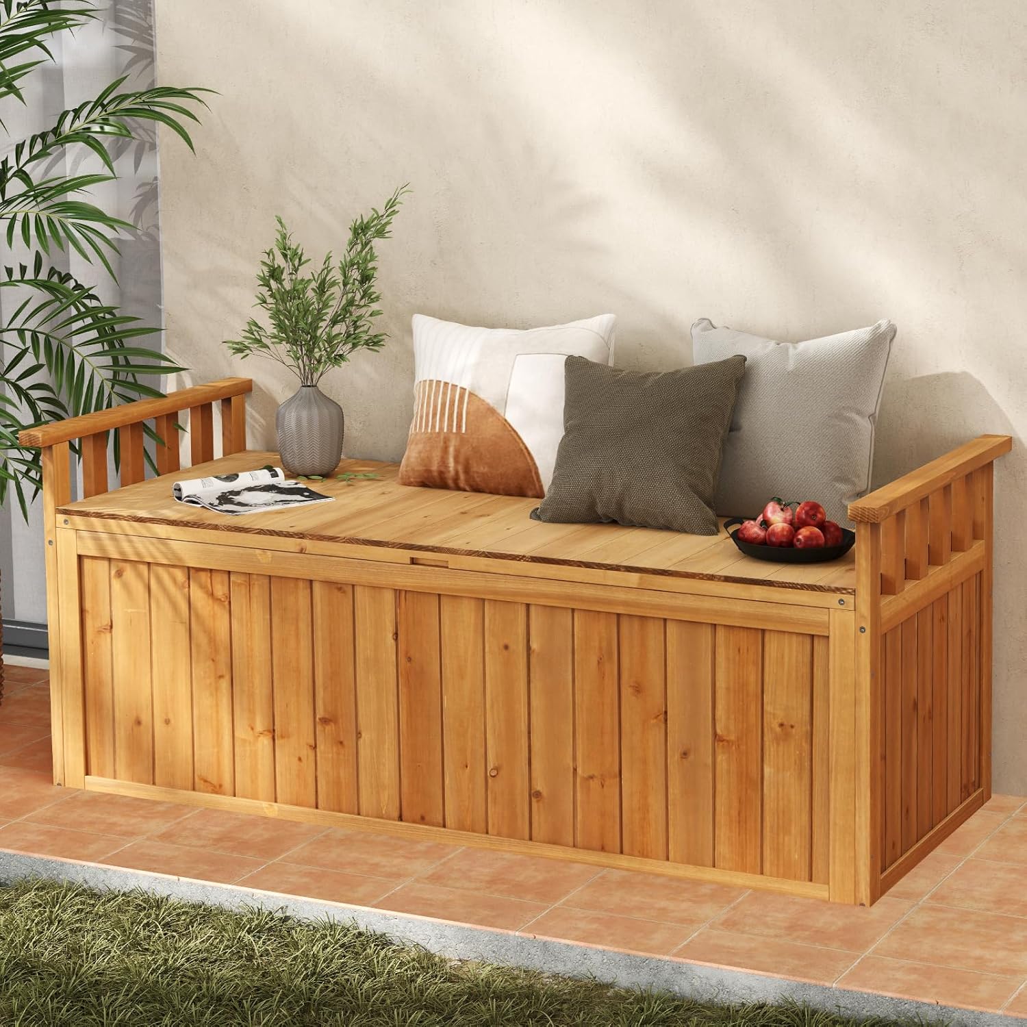 Banc de Rangement d'Extérieur en Bois, Banc d'Extérieur à 2 Places de 209 L avec Accoudoirs, pour Outils de Jardin, Charge 100KG - 2