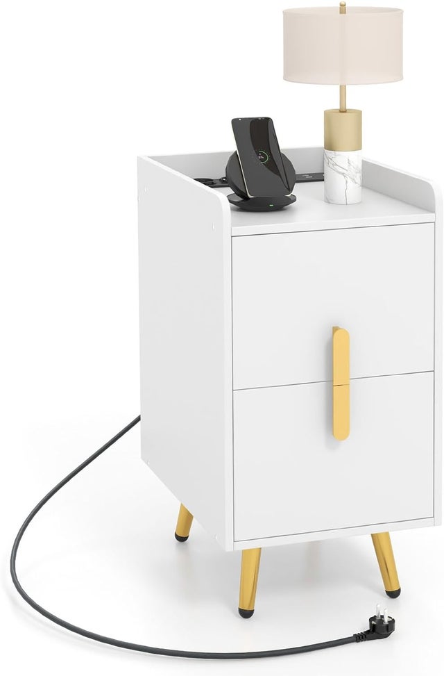 Stolik nocny ze stacją ładującą, wąska szafka nocna z 2 szufladami i portami USB, stolik pomocniczy z metalowymi nogami,32 x 40 x 60 cm (biały)