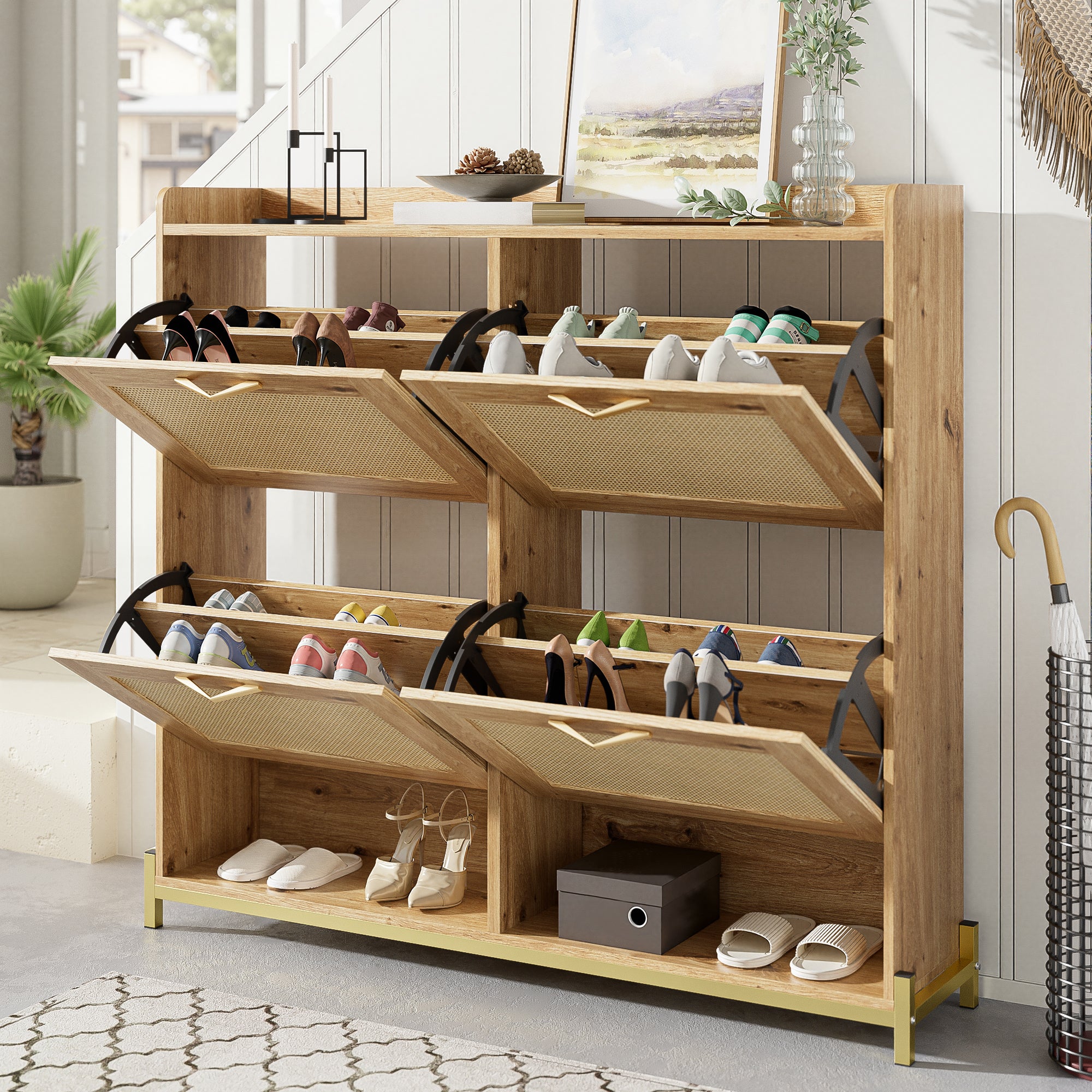 Meuble à chaussures avec 4 portes en rotin et 2 compartiments - Bois MDF - 105 x 24 x 100 cm - Coloris bois - 7