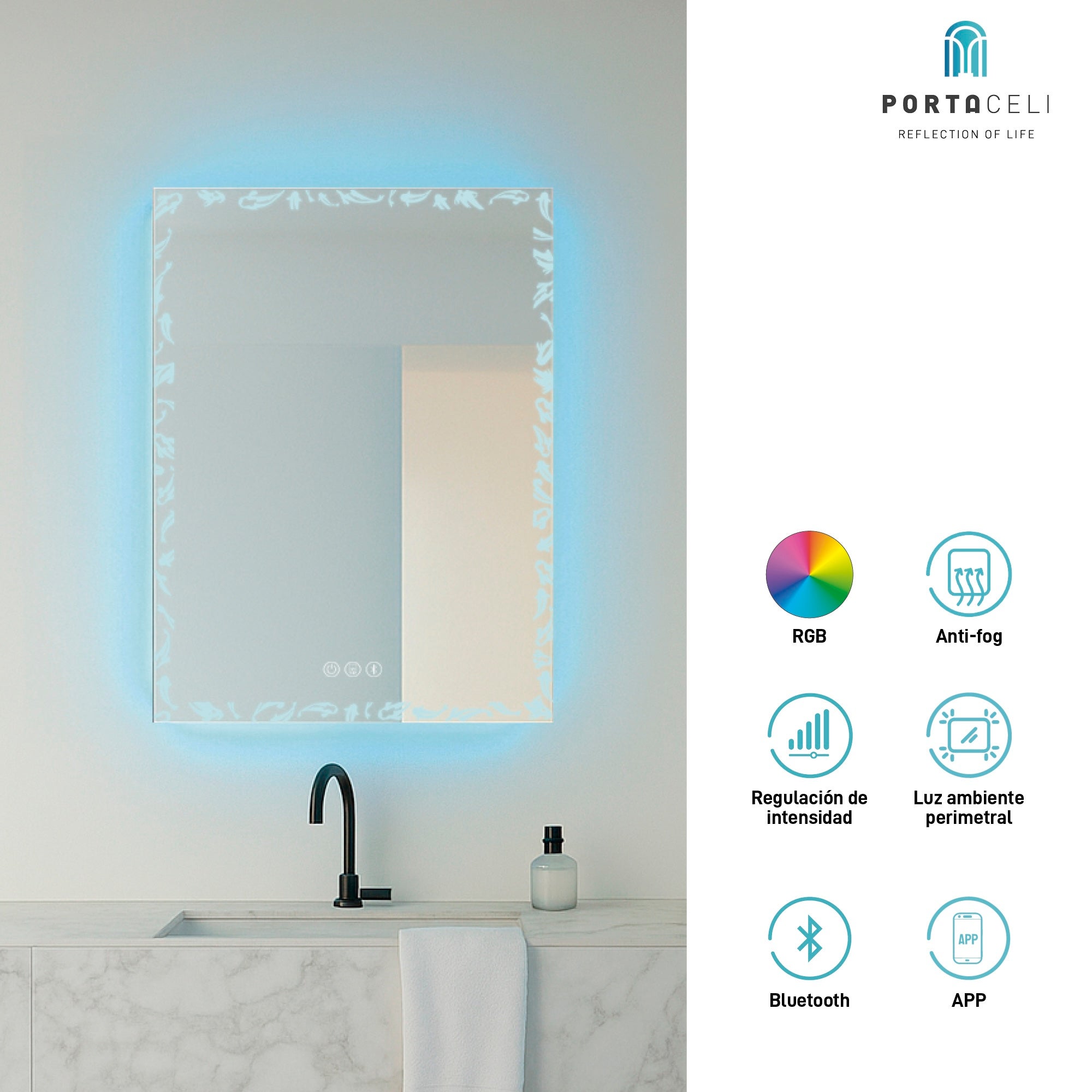 Miroir de salle de bain Koi Connect 80 x 80 RGB, APP, Anti-buée et Bluetooth - 2