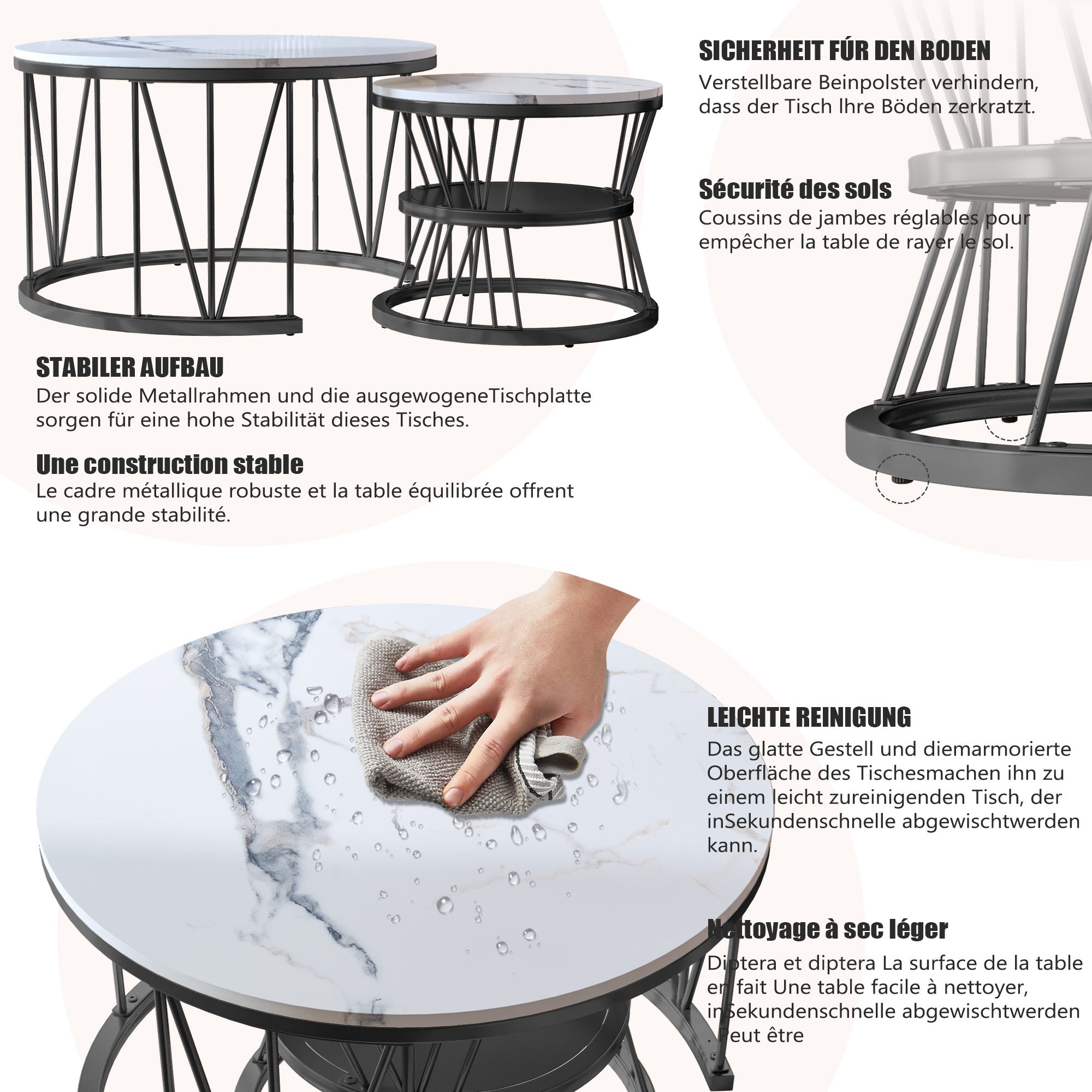 Ensemble de 2 Tables Basses Rondes, Tables Gigognes de Salon Modernes avec Pieds en Métal Doré, Noir et Blanc(70 x 45cm) - 5