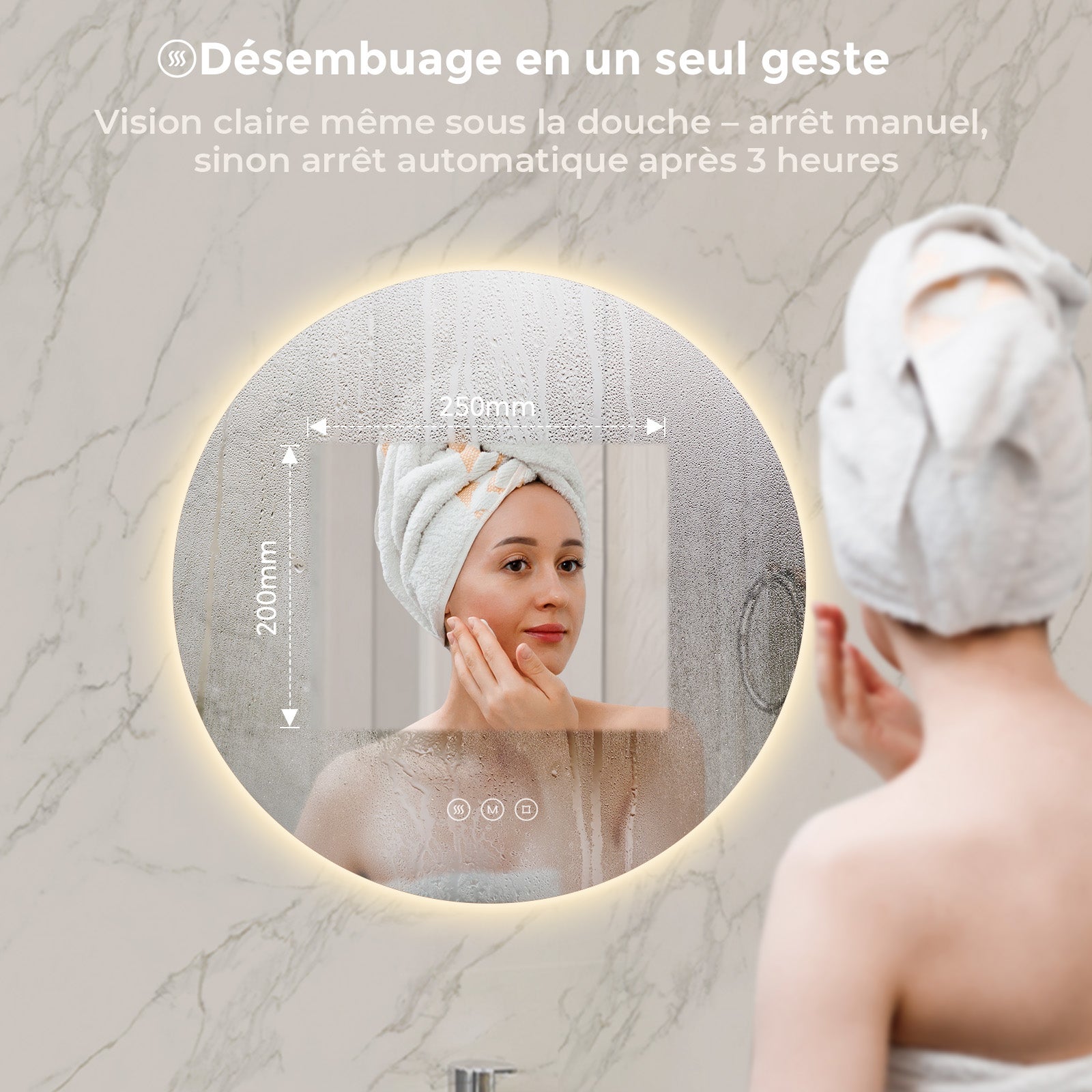 Miroir salle de bain lumineux rond 50 cm, miroir LED avec éclairage antibuée, variateur tactile, 3 couleurs, mémoire - 3