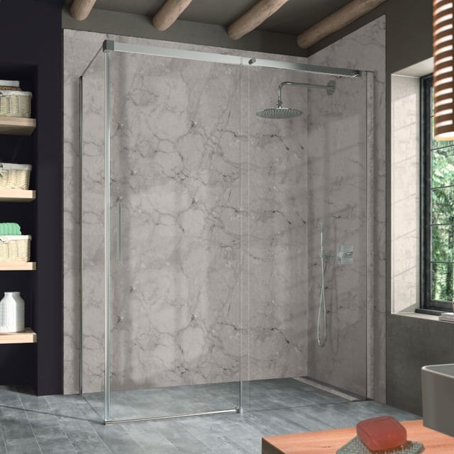 Mampara frontal corredera 124-128 cm + lateral 76.5-79 cm LUNA Plata brillo - Cristal transparente - Trat. antical