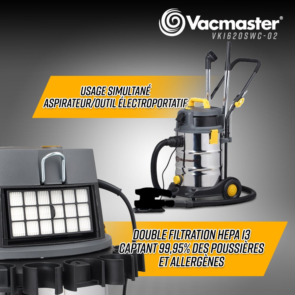 Aspirateur eau et poussières 1600W - 30L inox - 27 Kpa avec prise intégrée et bouchon de vidange - 3