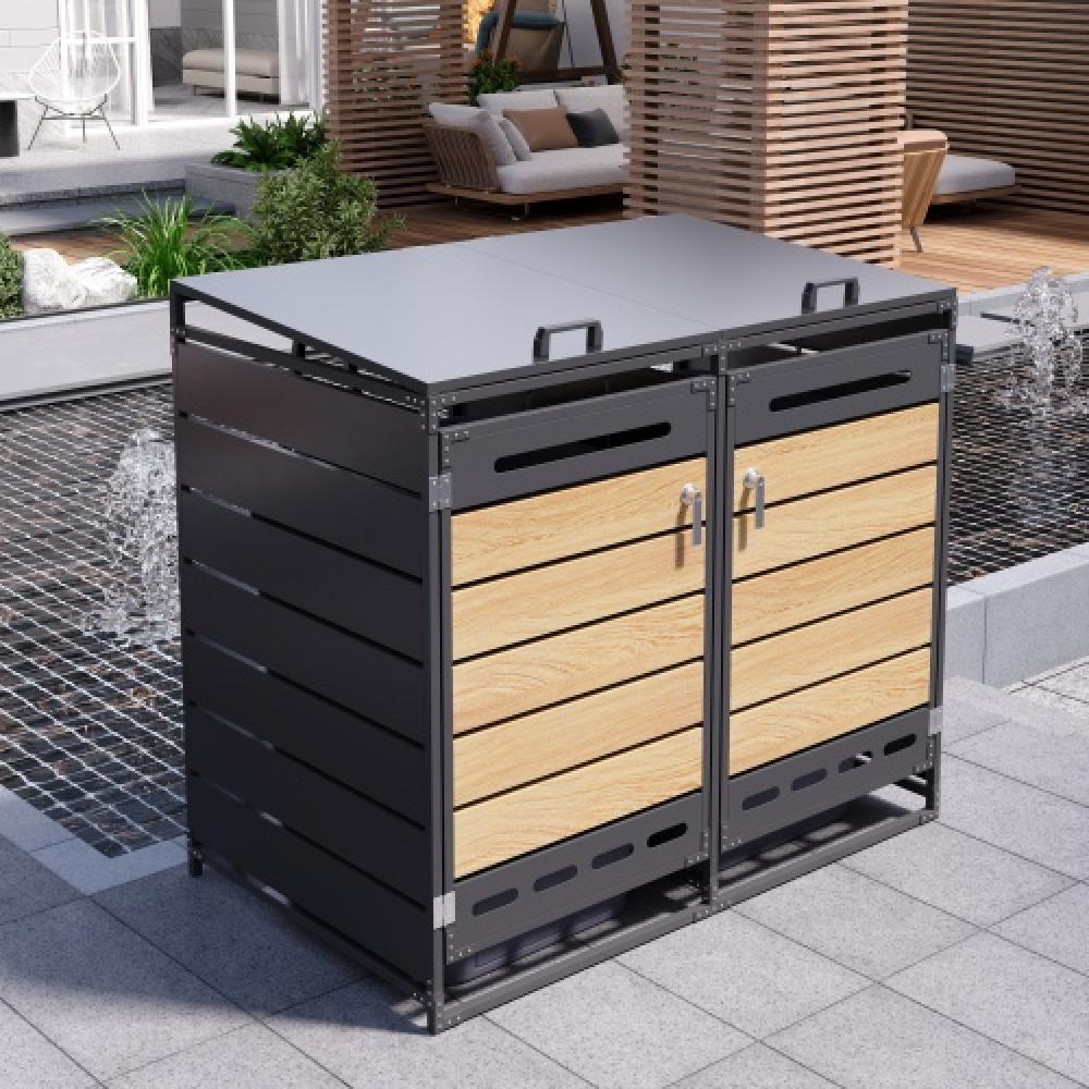 Cubrecontenedor con tapa hidráulica, paneles madera vertical, ventilación, armario metálico con cerradura