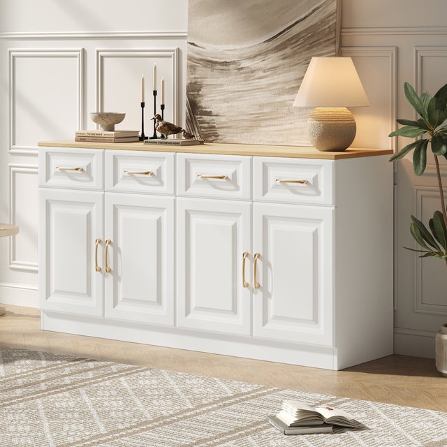 Credenza con 4 cassetti e 4 ante scorrevoli - Mobile soggiorno in MDF, design moderno, bianco e rovere, 140×40×75 cm