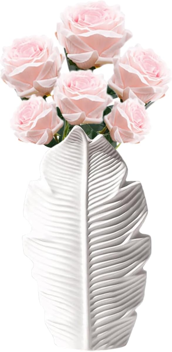 Nowoczesny biały wazon ceramiczny, wazon dekoracyjny w stylu boho, minimalistyczny mały wazon z liściem klonu