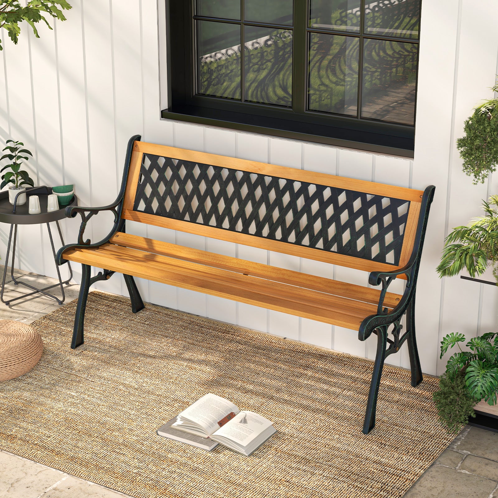 Banc de Jardin d'Extérieur, Banc de Parc pour 3 Personnes, Cadre en Métal Moulé, Siège en Bois de Pin, Accoudoirs, Banc à Lattes, pour Jardin, Parc - 2