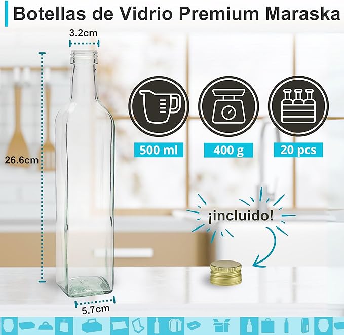 Espirito Rebelde 20 bottiglie di vetro 500 ml con tappo a vite nero + 20 lattine | Olio d'oliva, aceto, alcol | Bottiglia per olio in vetro