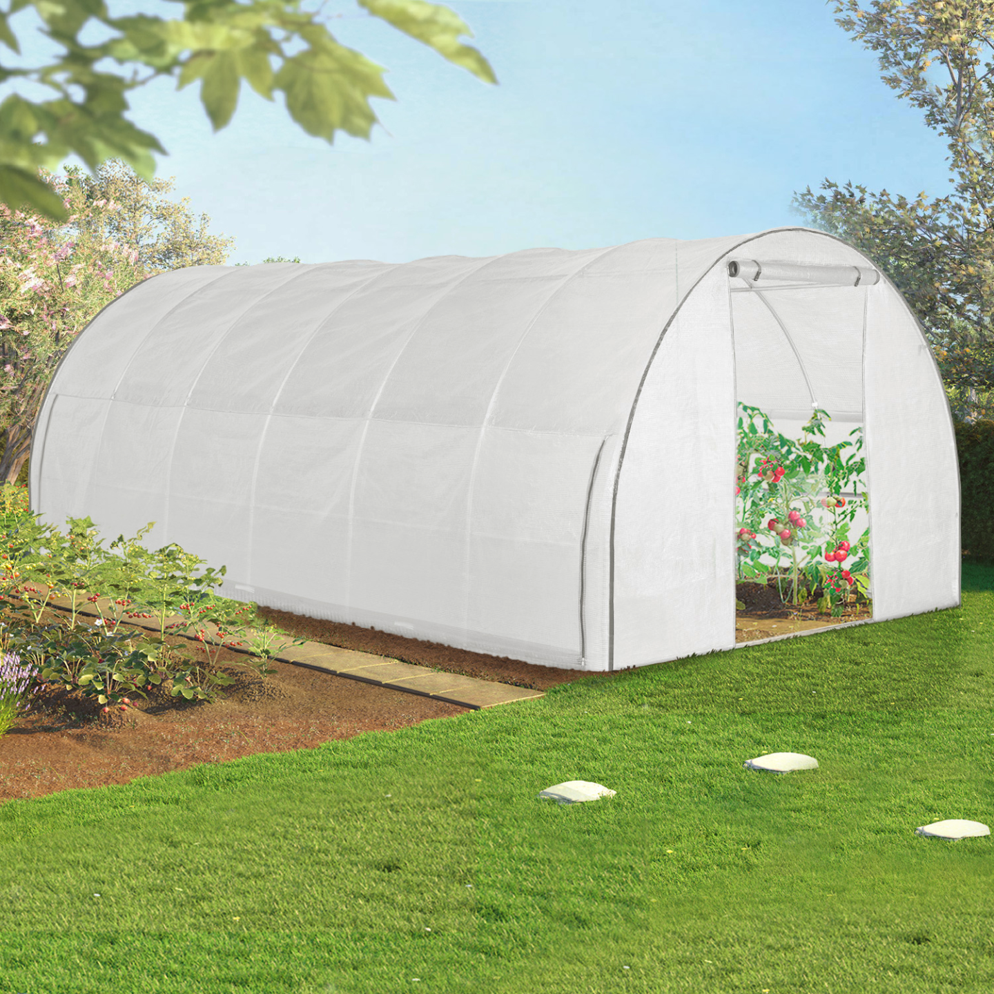 Serre de jardin tunnel 18m² 6 x 3 x 2 m acier galvanisé + bâche anti-UV avec porte et fenêtres CRIMÉE blanche avec moustiquaire - 3