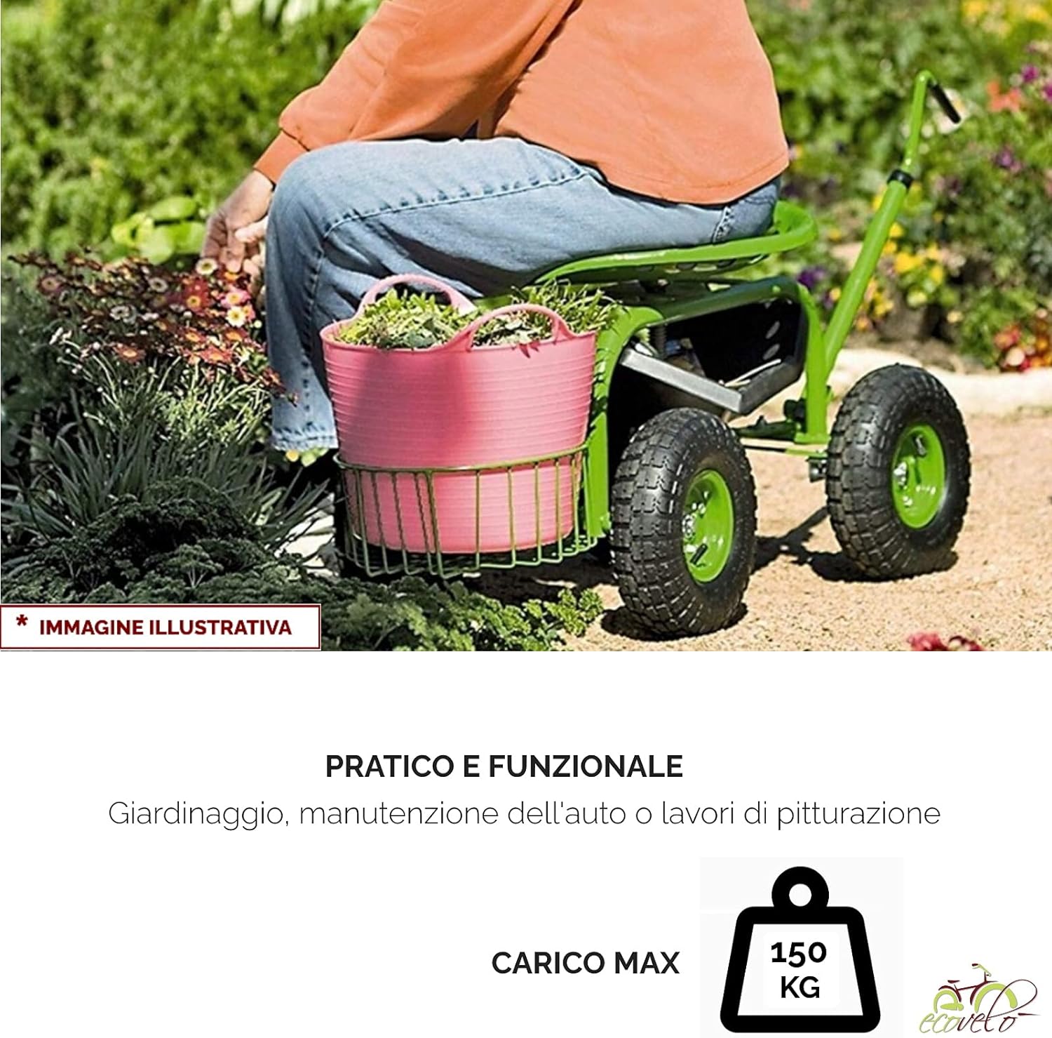 Chariot de Jardin et d'atelier avec Assise de 150 kg - Chaise de Jardin avec 4 Roues - 6