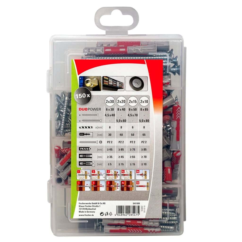 MIX Kołki rozporowe uniwersalne w pudełku DuoPower 6x30, 6x50, 8x40, 8x65 z wkrętem z łbem stożkowym PZ 150 elementów PROFI-BOX FISCHER - 4