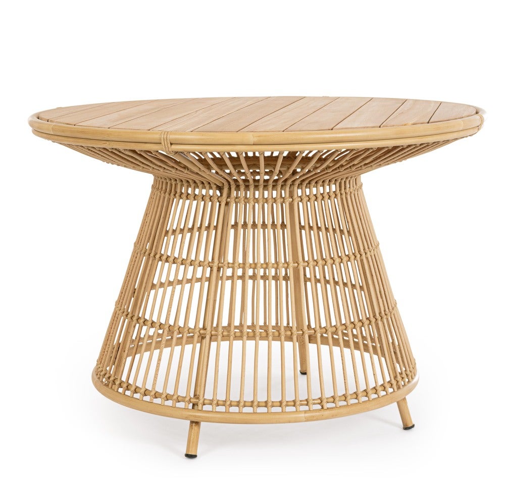 Table ronde ADELMA D110 cm, en aluminium effet rotin avec plateau teck ...