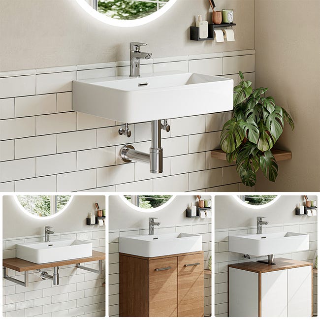 Lavabo Da Bagno HOROW Rettangolare 40 Cm - Bianco, Senza Troppopieno, Foro Rubinetto Centrale, Per Bagni Piccoli