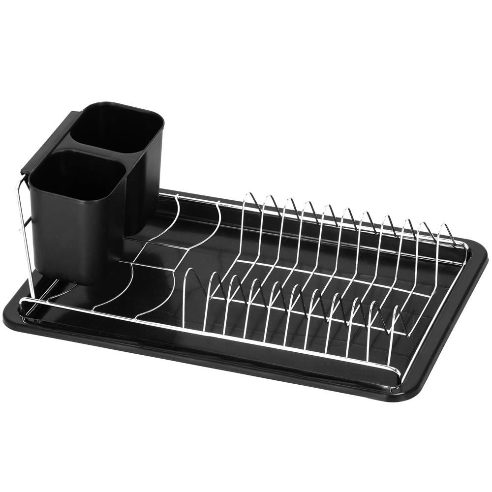 Uscator vase suport tacamuri otel cromat tava scurgere, 40x19x13 cm, compact, negru