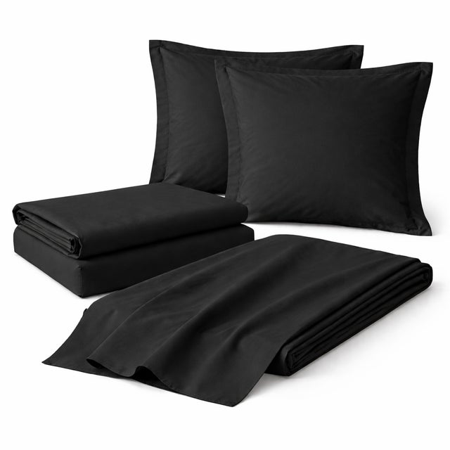 Parure de drap 4 Pièces en coton 57 fils 140 x 190 cm Noir – Drap-Housse, Drap Plat et 2 Taies d’Oreiller