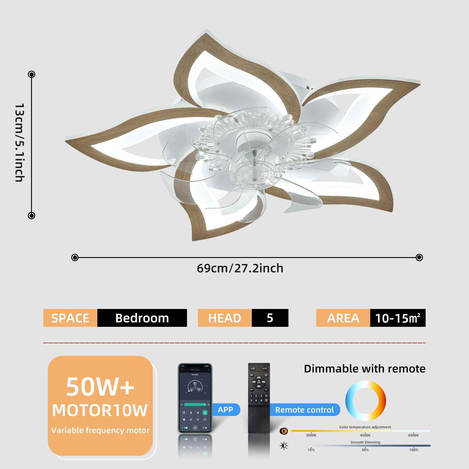 Ventilateur lumineux caché en forme de fleur | Lampe de plafond intelligente avec télécommande et réglage de couleur | Pour 10-15 m² - 2