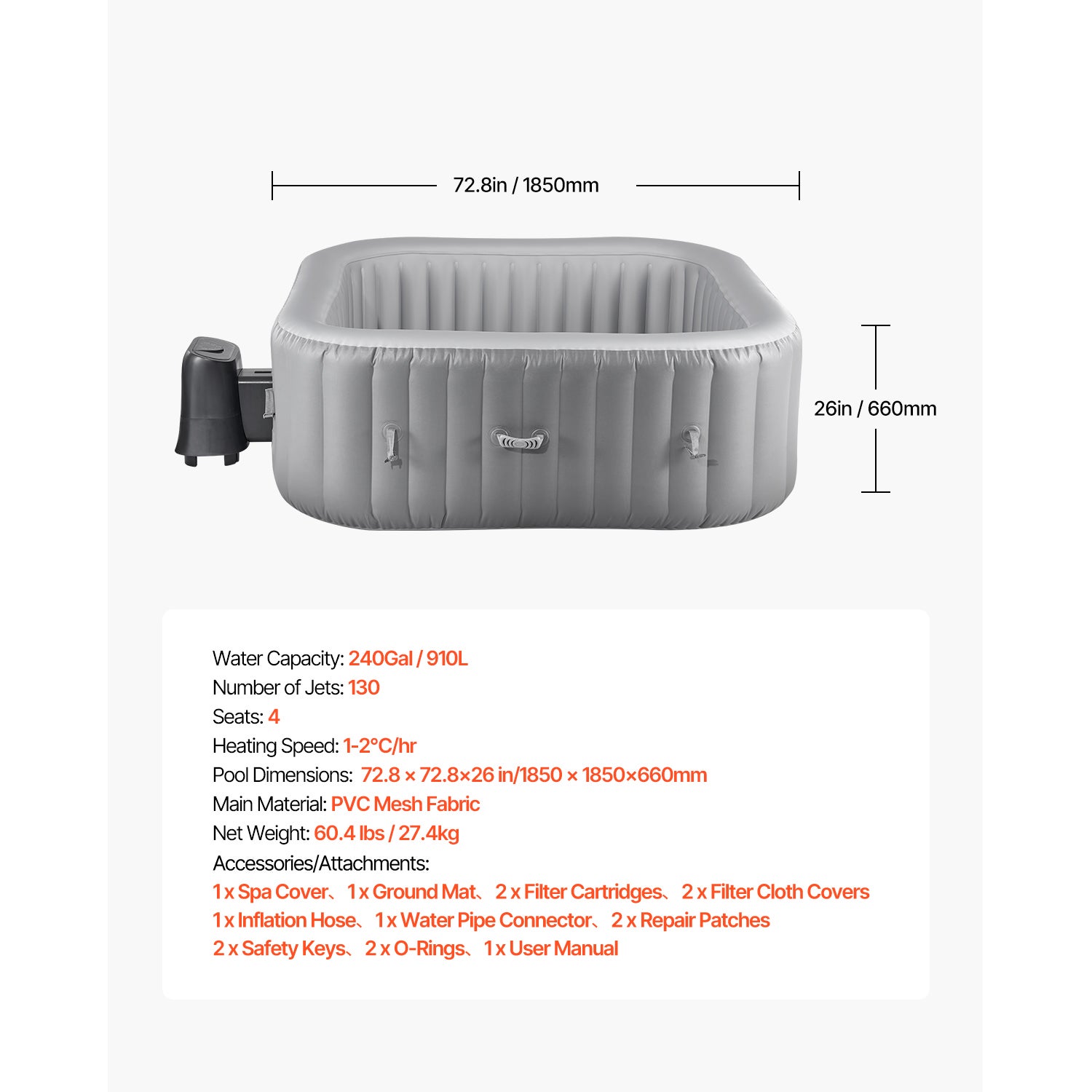 Bain à Remous Gonflable SucceBuy 2-4 Personnes 185x185x66 cm, 130 Bulles, 910 L, Chauffage 220V, PVC Renforcé, Gris - 9