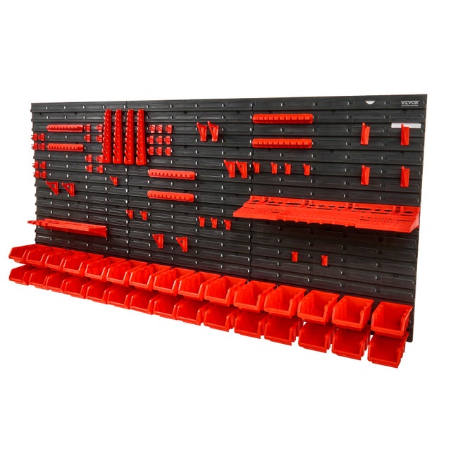 Étagère Bac à Bec Plastique,VEVOR 30 Boites Rangement Empilables Atelier Garage avec Panneaux Muraux,Organisateur Outils pour Écrous,Clous,Noir/Rouge