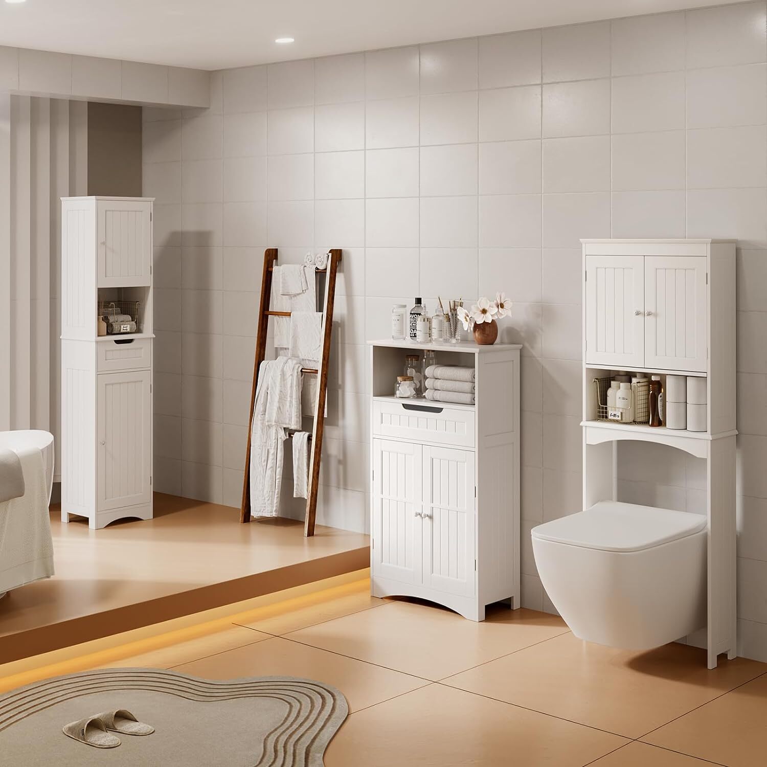Mobile Bagno Mobile Basso con Piedini 4 Ripiani 2 Ante 1 Ripiano Regolabile 1 Cassetto Bealife - 4