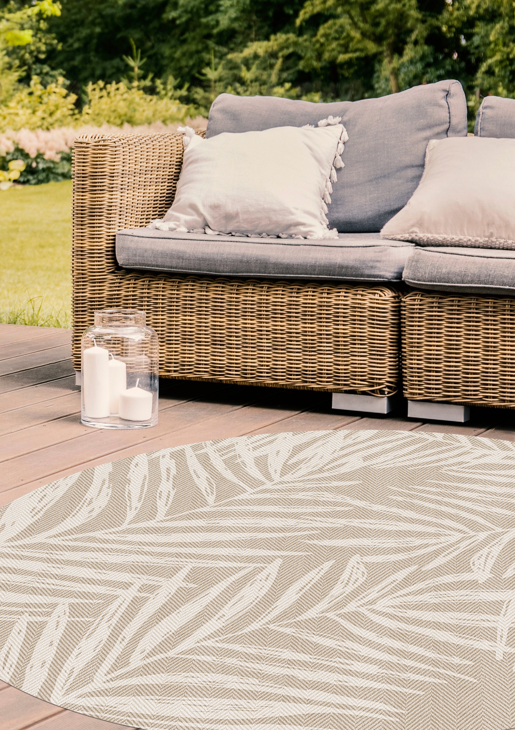 Tapis PVC intérieur/extérieur Feuilles beiges [Diam] 150 cm - PVC imprimé, lavable, ignifuge, pour le salon et la cuisine - 2