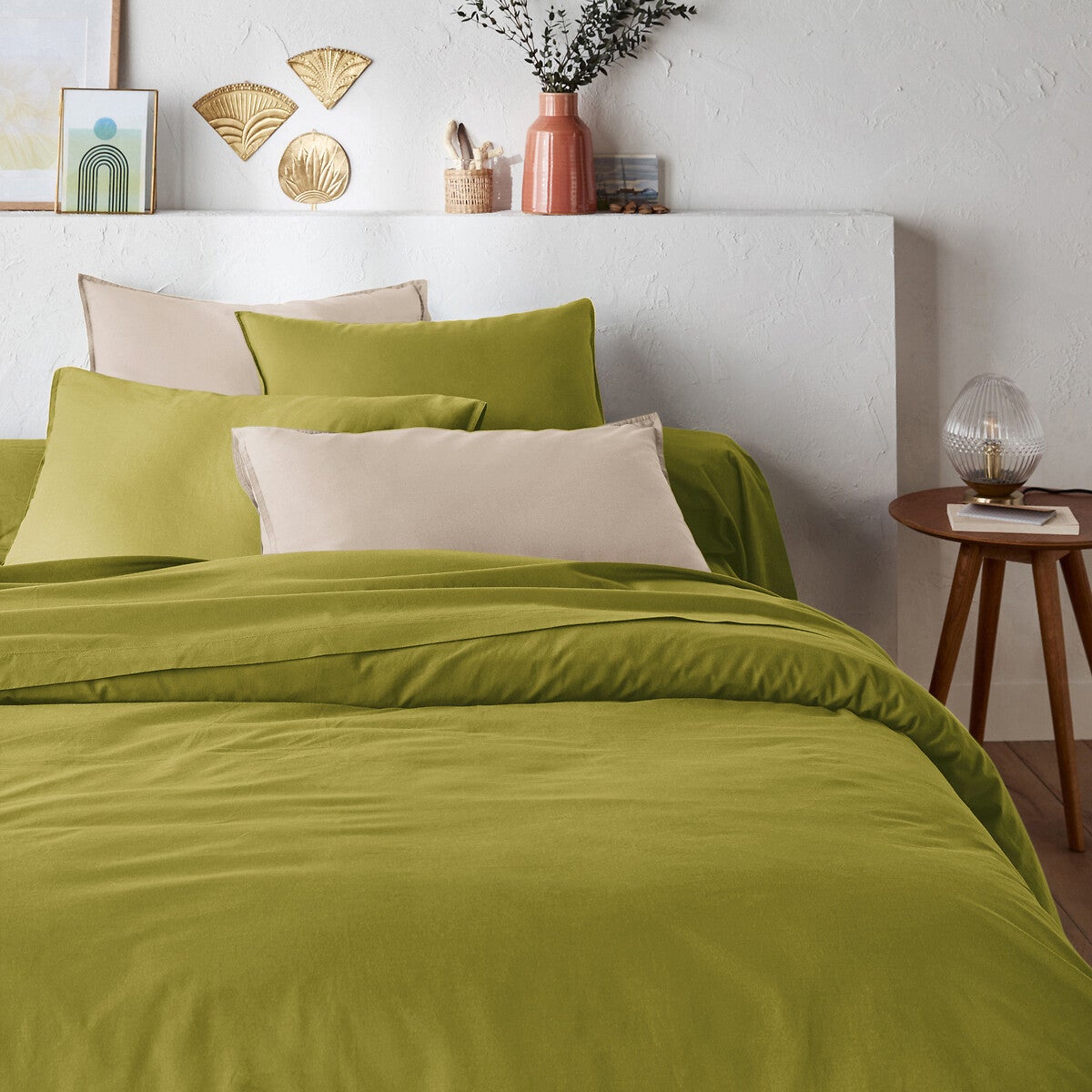 Drap plat uni en coton lavé, Scenario - Vert olive - 150 x 250 cm - 2