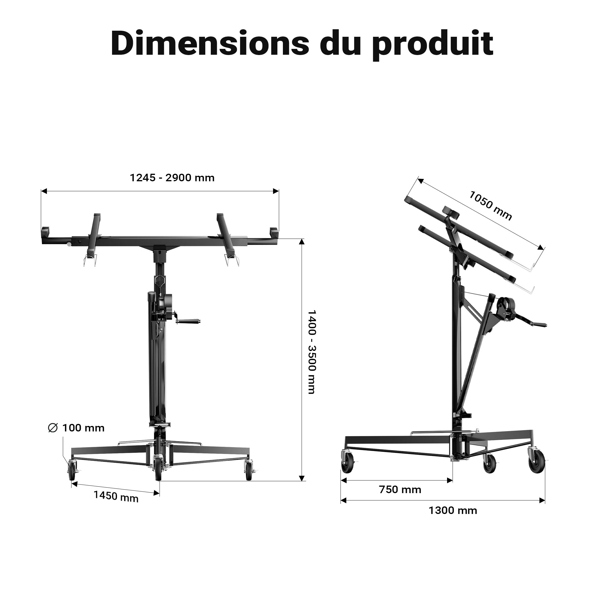 Lève-panneaux XXL Panneaux placoplâtre - Hauteur 140-350cm / Charge max 68 kg / Angle d'inclinaison 60° / 3 roulettes - Lève-plaque Monte… Wiltec - 3