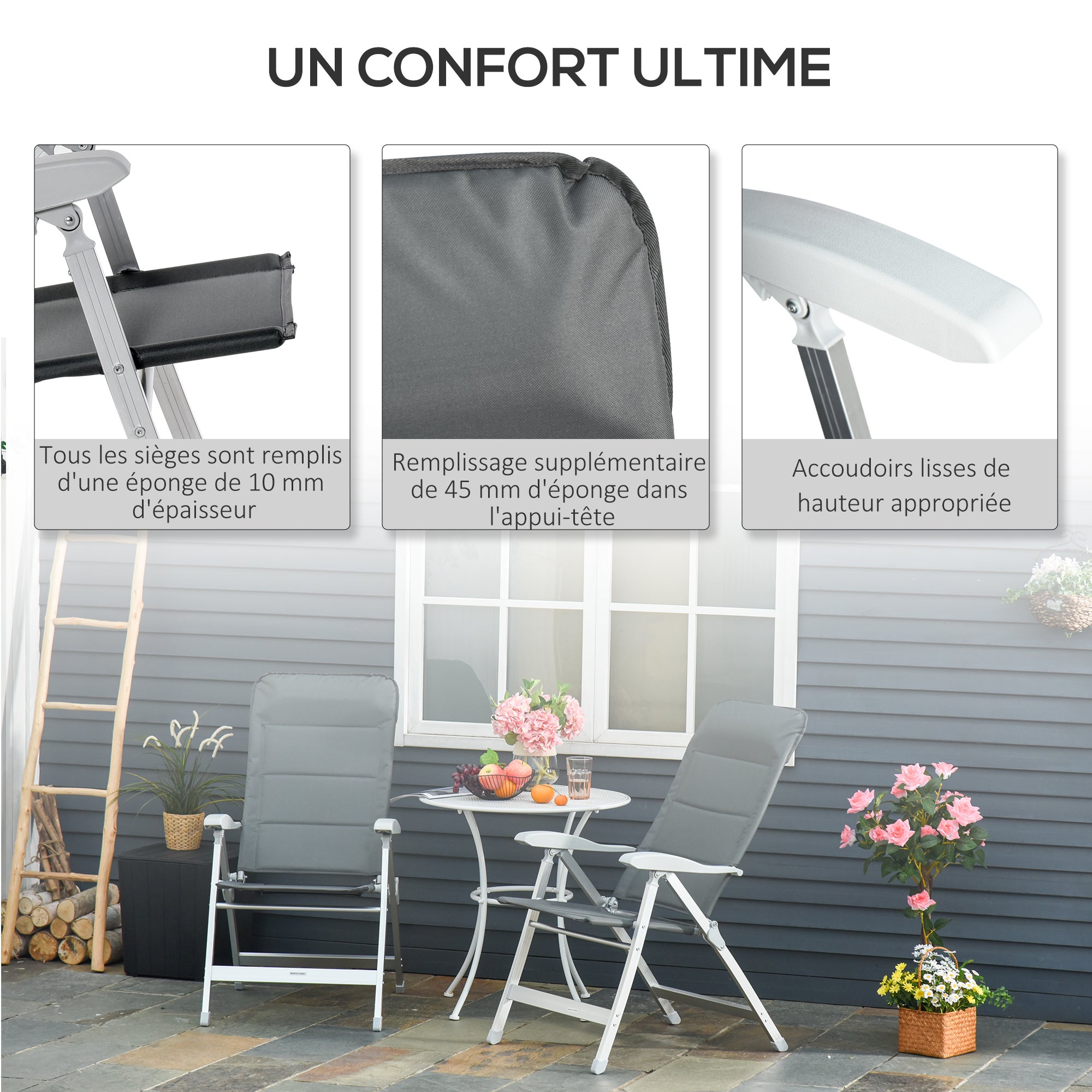 Lot 2 chaises jardin pliantes fauteuil extérieur dossier haut inclinable multipositions accoudoirs - 8