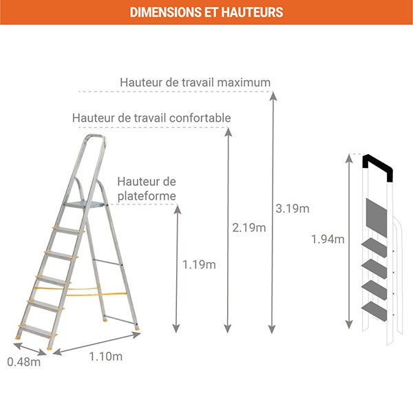 Escabeau 6 marches - Hauteur max. de travail 3.19m - 916 - 2