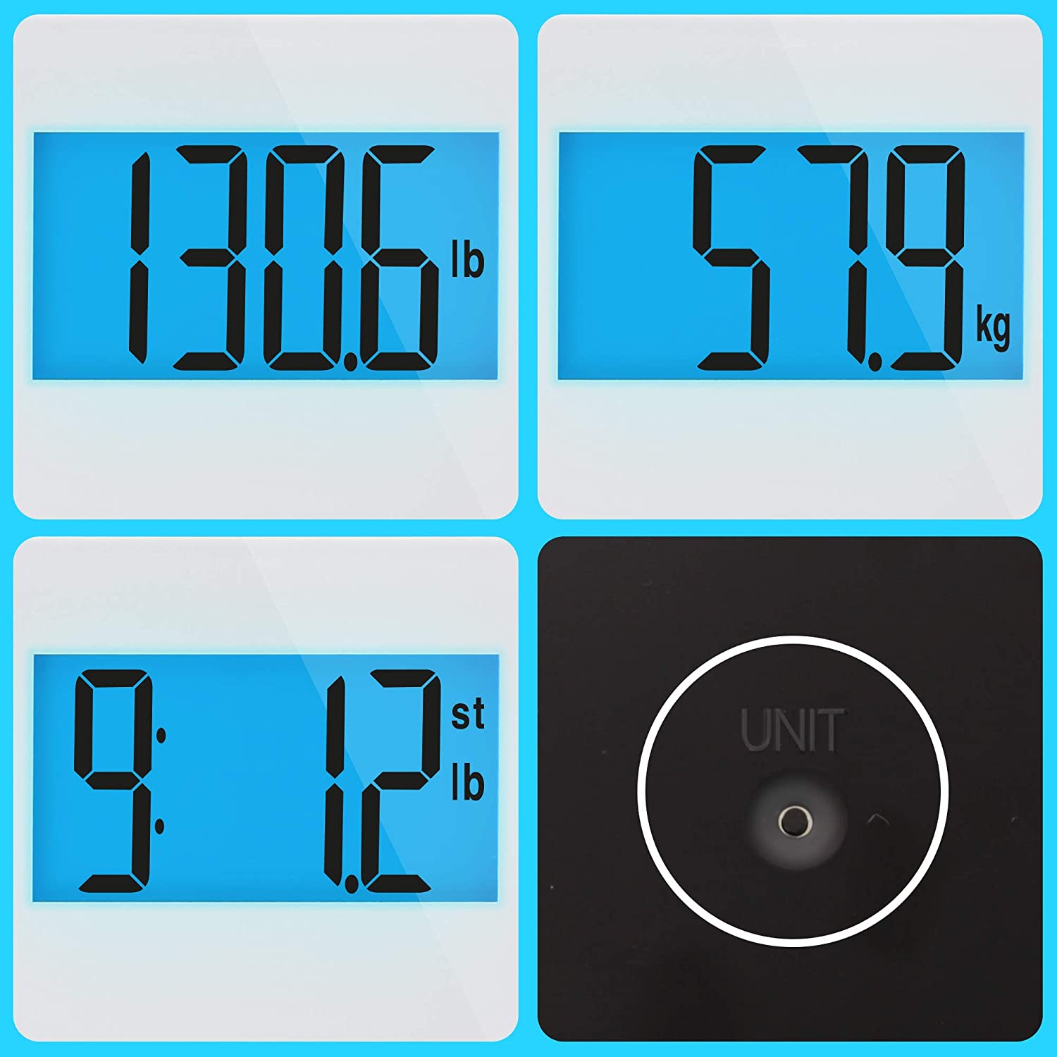 Duronic BS403 Báscula de baño digital - Hasta 180kg – Pantalla LCD azul fácil de leer- Diseño vidrio blanco - Enciende al subirse - Peso en kg, lb, st - 4