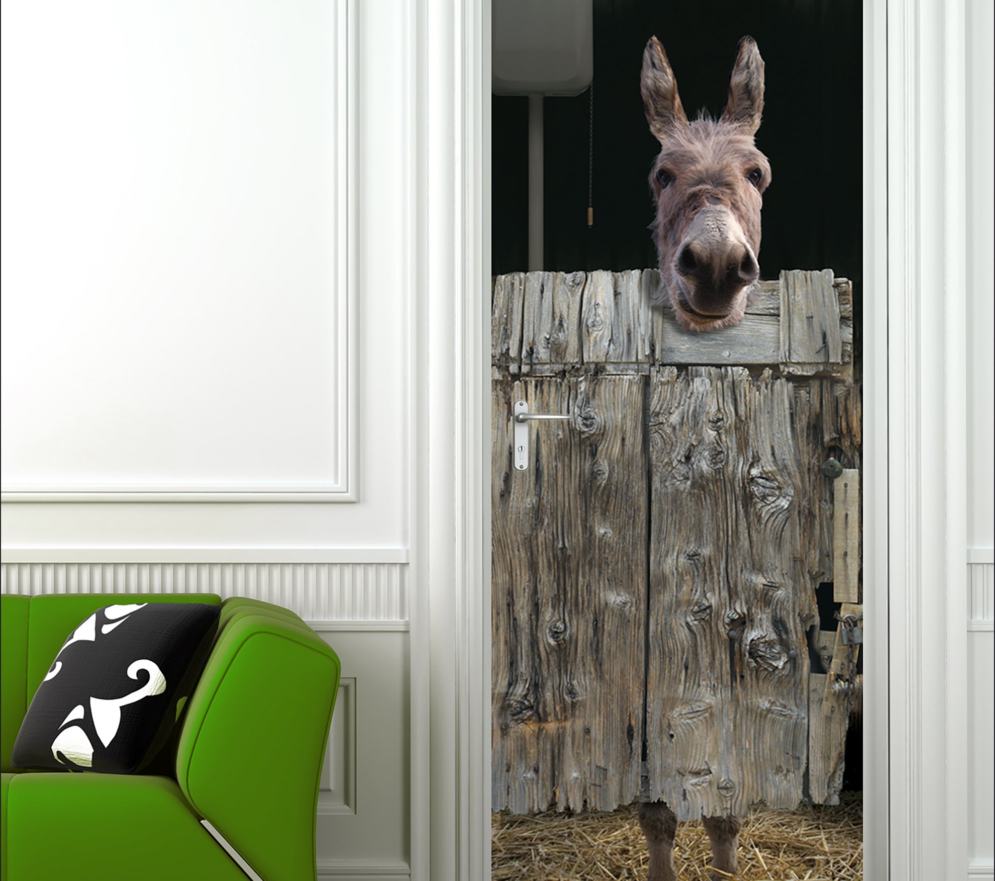 Pegatina decorativa de puerta, trompe l'oeil, puerta de madera, burro en un establo, con paja y inodoro, 204 cm x 83 cm