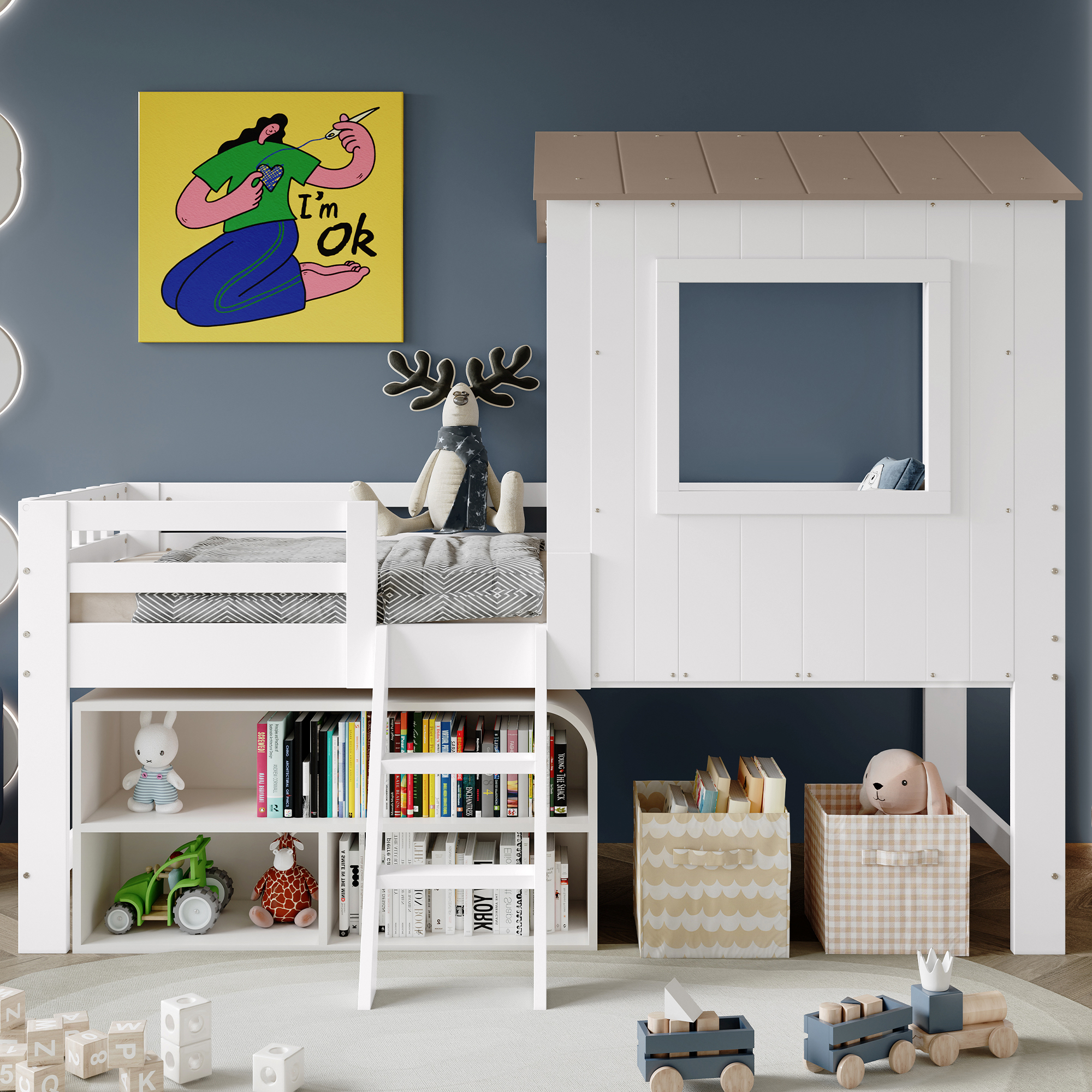 Letto per bambini 90x200 cm, letto a soppalco, letto a casetta con tetto e finestra, recinzione su quattro lati, con scaletta, bianco e naturale - 2
