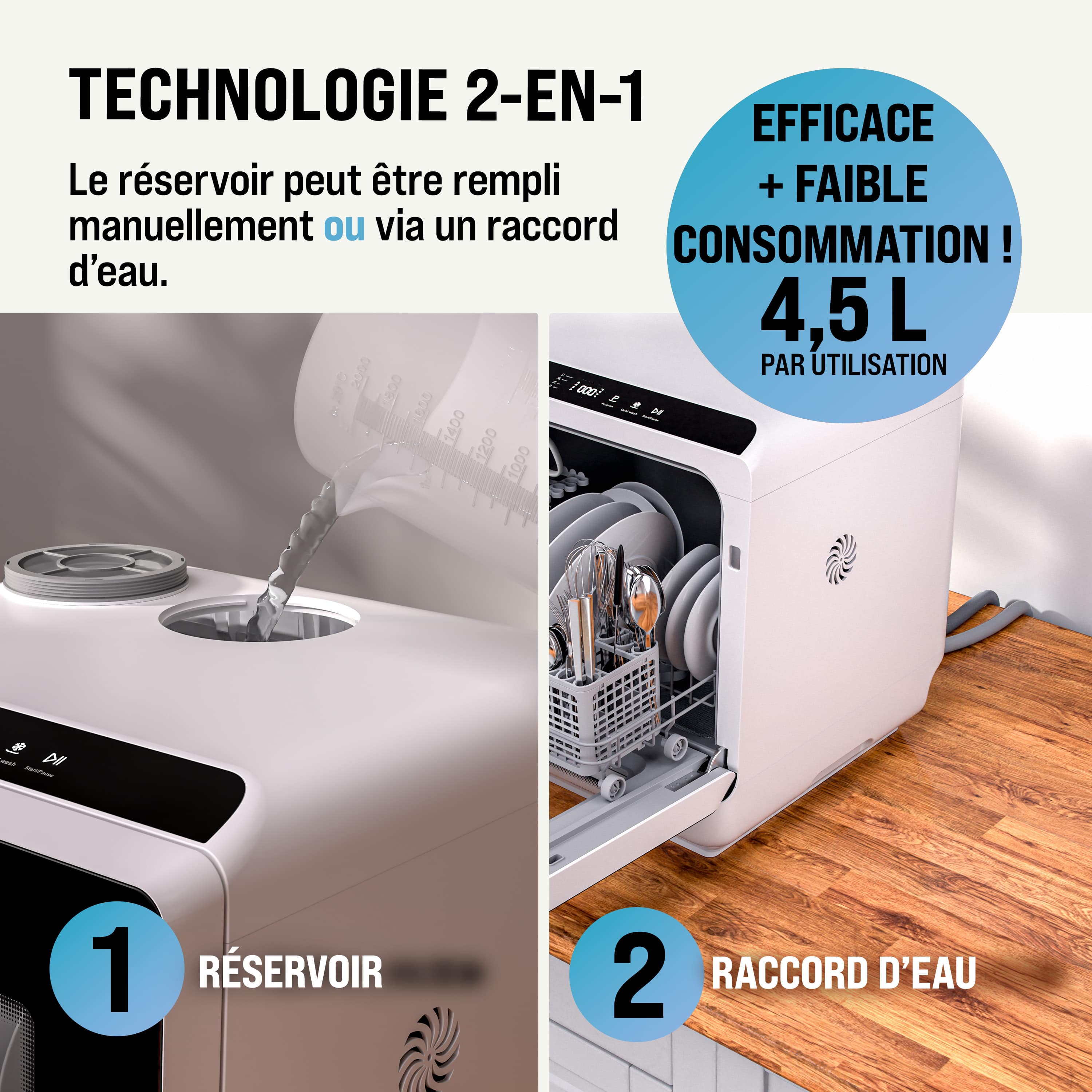 MONZANA® Mini lave-vaisselle Noir-blanc Réservoir d'eau 4,5L lave vaisselle de table 3 couverts App WIFI étudiants couples - 5
