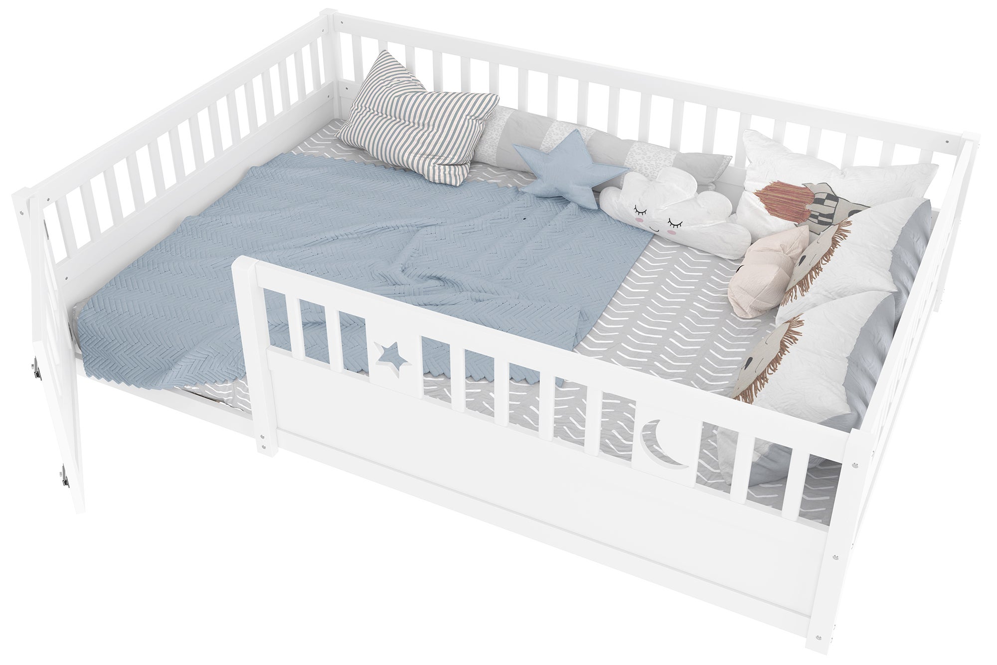 Lit à panneaux, 140 x 190 cm, lit enfant avec barrière, décor étoile et lune, sans sommier à lattes (sans matelas), blanc - 8