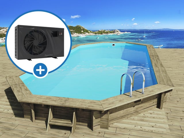 Piscine hors sol bois, Sevilla 130, 8.57 x 4.57 x 1.31 m + Pompe à chaleur 6 kw/h inverter PowerLine by Hayward, Noir