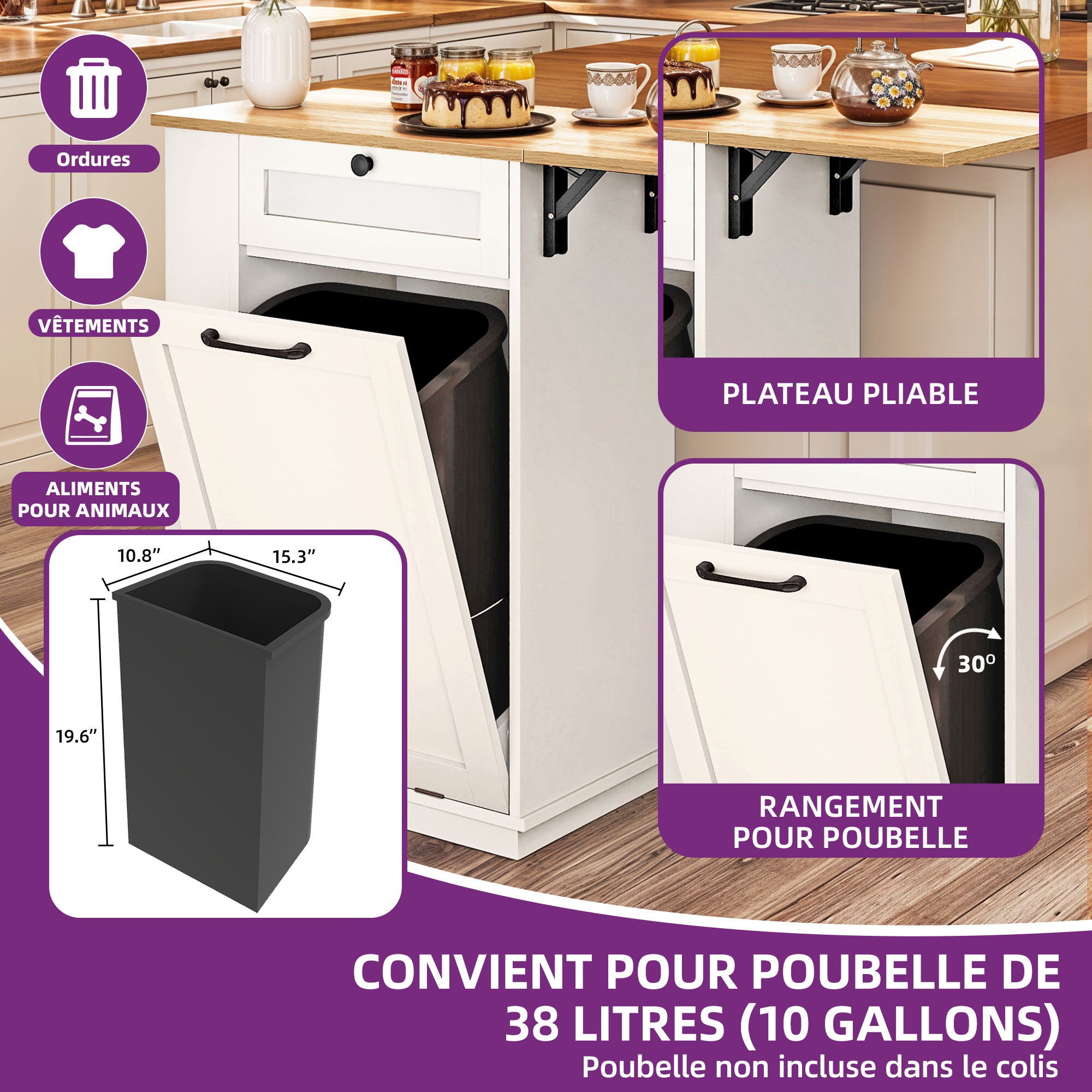 YITAHOME Buffet de cuisine multi-rangement avec Space de Poubelle - 1 Tiroir - Rangement latéral - Blanc - 5