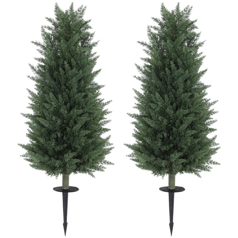 Lot 2 Cyprès Artificiels Topiaires Avec Piquet - Conifères Extérieur 55cm, Véranda Jardin Balcon Décoration Sans Entretien