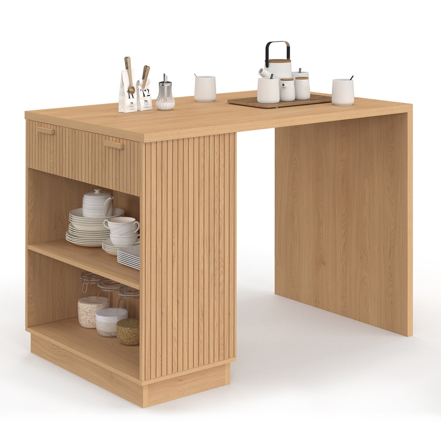 Ilot central mange-debout 4 personnes JULIETTE 130 cm lattes tasseau bois coloris chêne - 2