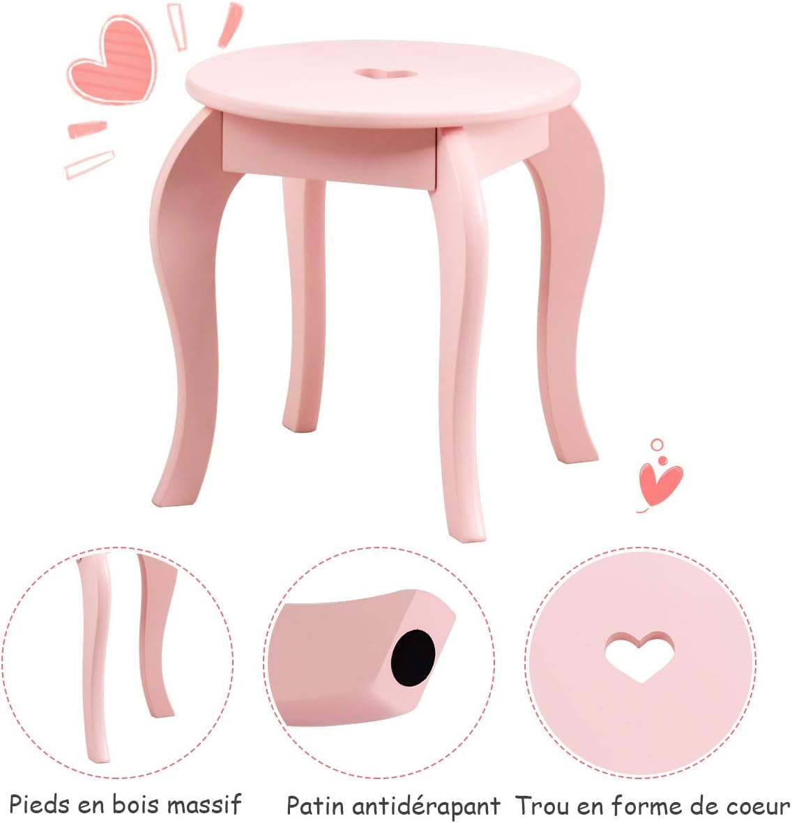 Toeletta Trucco per Bambina, Specchiera per Ragazzi in Legno Robusto, Postazione Trucco 2 in 1 con Cassetto, Sgabello e Specchio Staccabile, 7 - 7