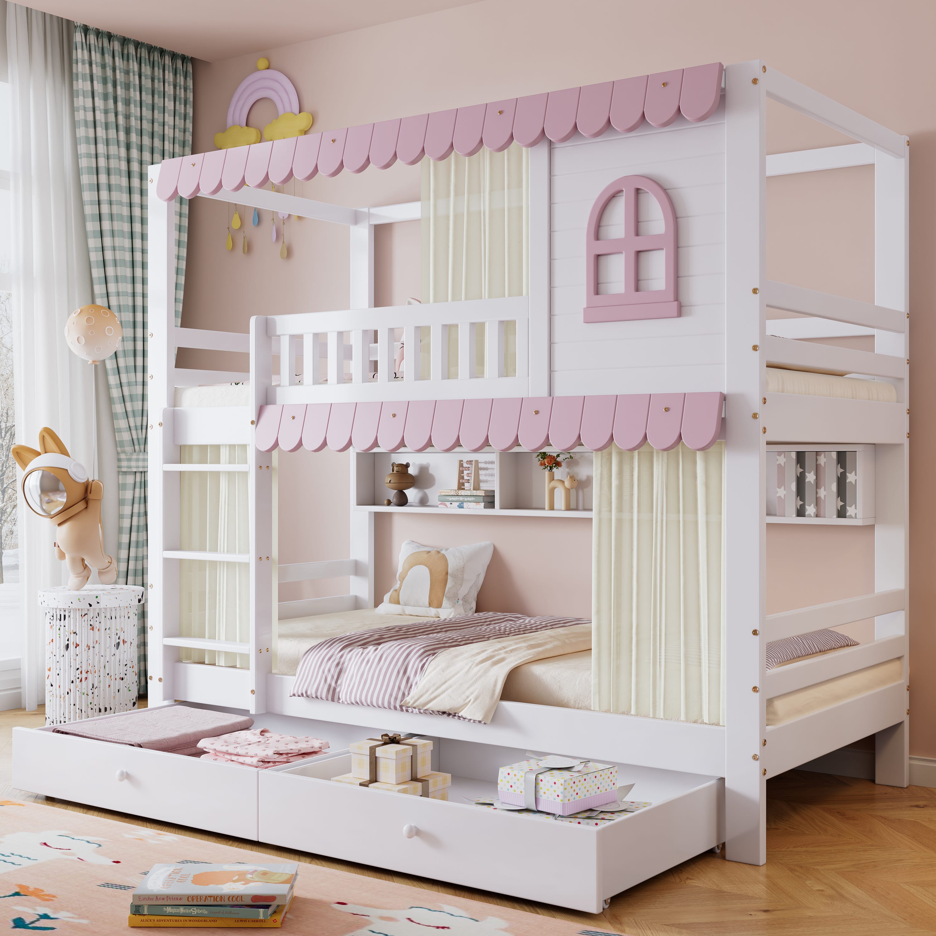 Litera Infantil Seyakany 90x200 Cm - Con Barreras, Escalera De 4 Escalones, 6 Estantes Y Armario Lateral