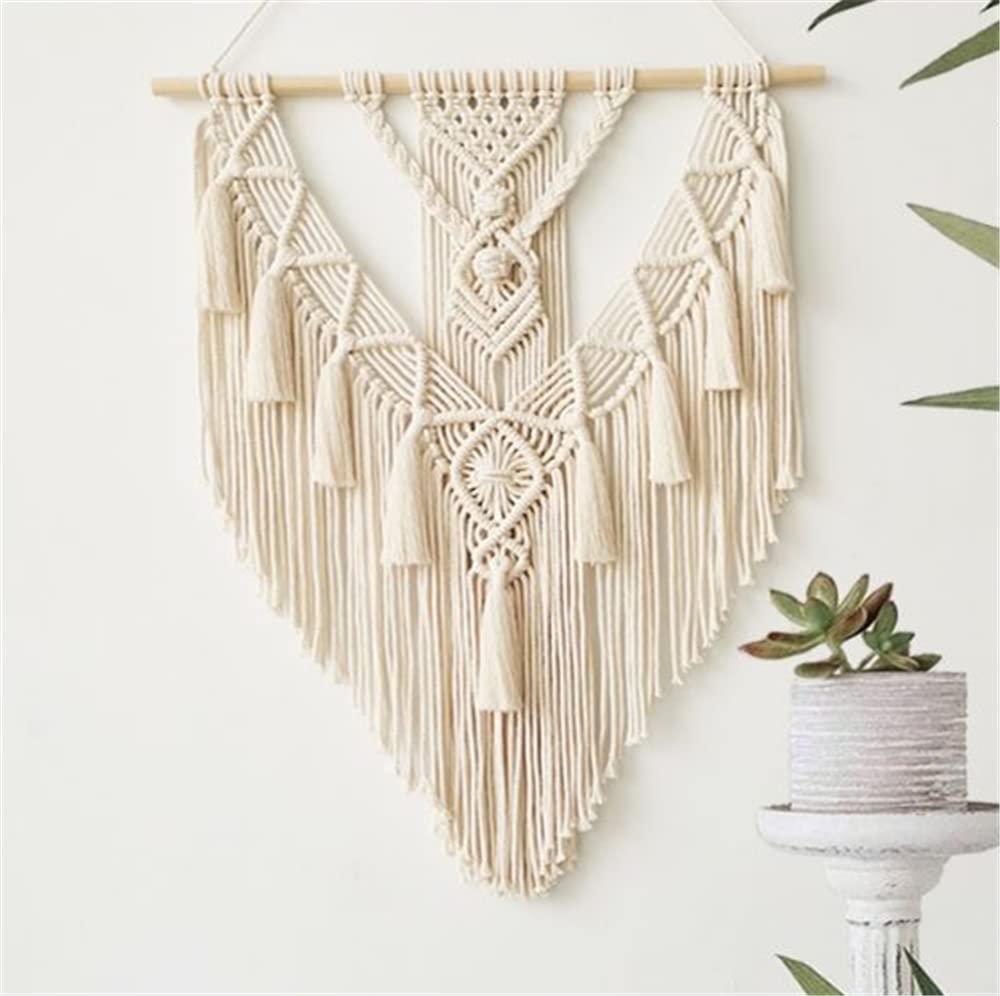 Tapisserie murale en macramé tissé, motif géométrique, faite main, décoration bohème avec pompons, ornement pour chambre, salon, appartement (beige) - 3