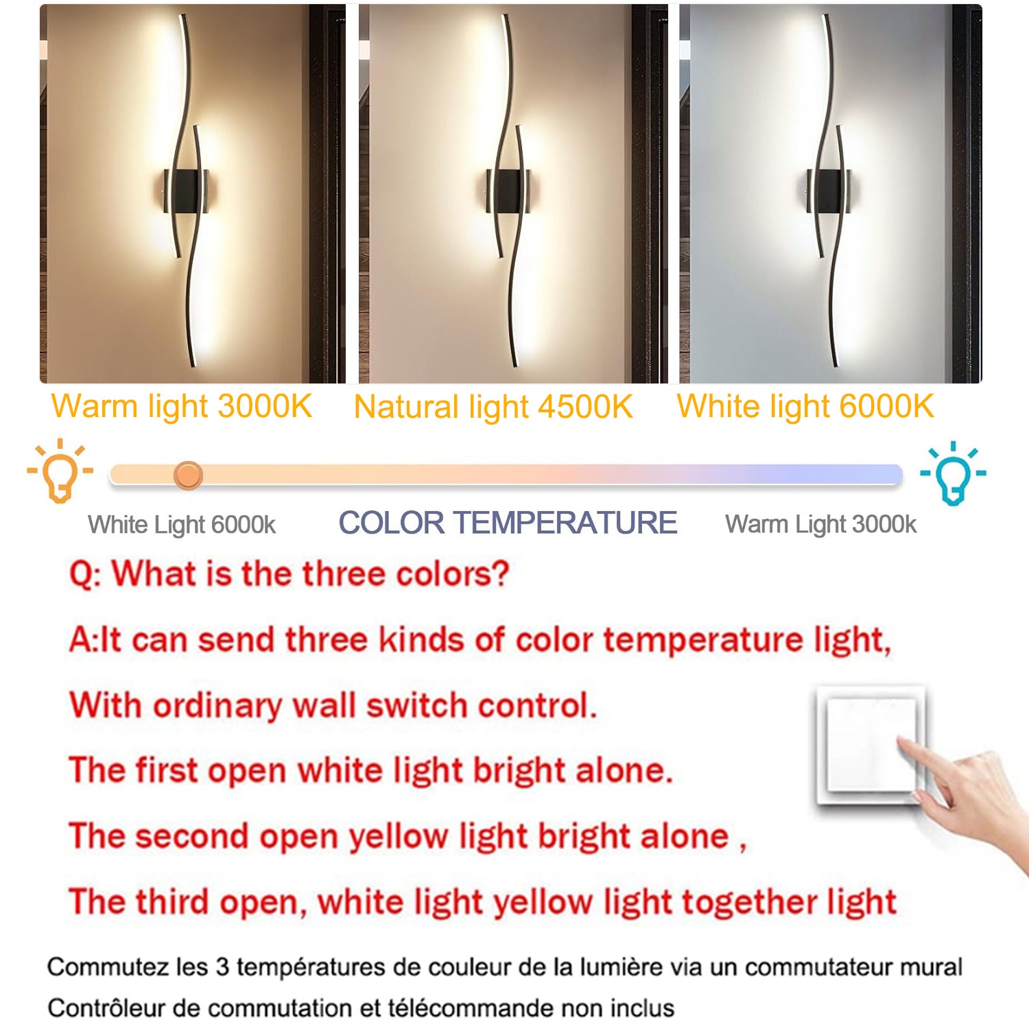 Lampa ścienna LED 60 cm x 15 cm, nowoczesna lampa ścienna łukowa, lampa ścienna LED do wnętrz, lampa sufitowa, 3 temperatury barwowe (3000-6000 K) - 4