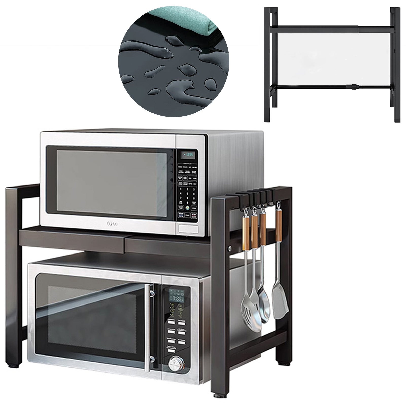 Étagère de Cuisine 2 Niveaux Structure Noireavec 6 crochets – Rangement Micro-ondes et Appareils Multifonction Renforcé - 40-64 cm - 6