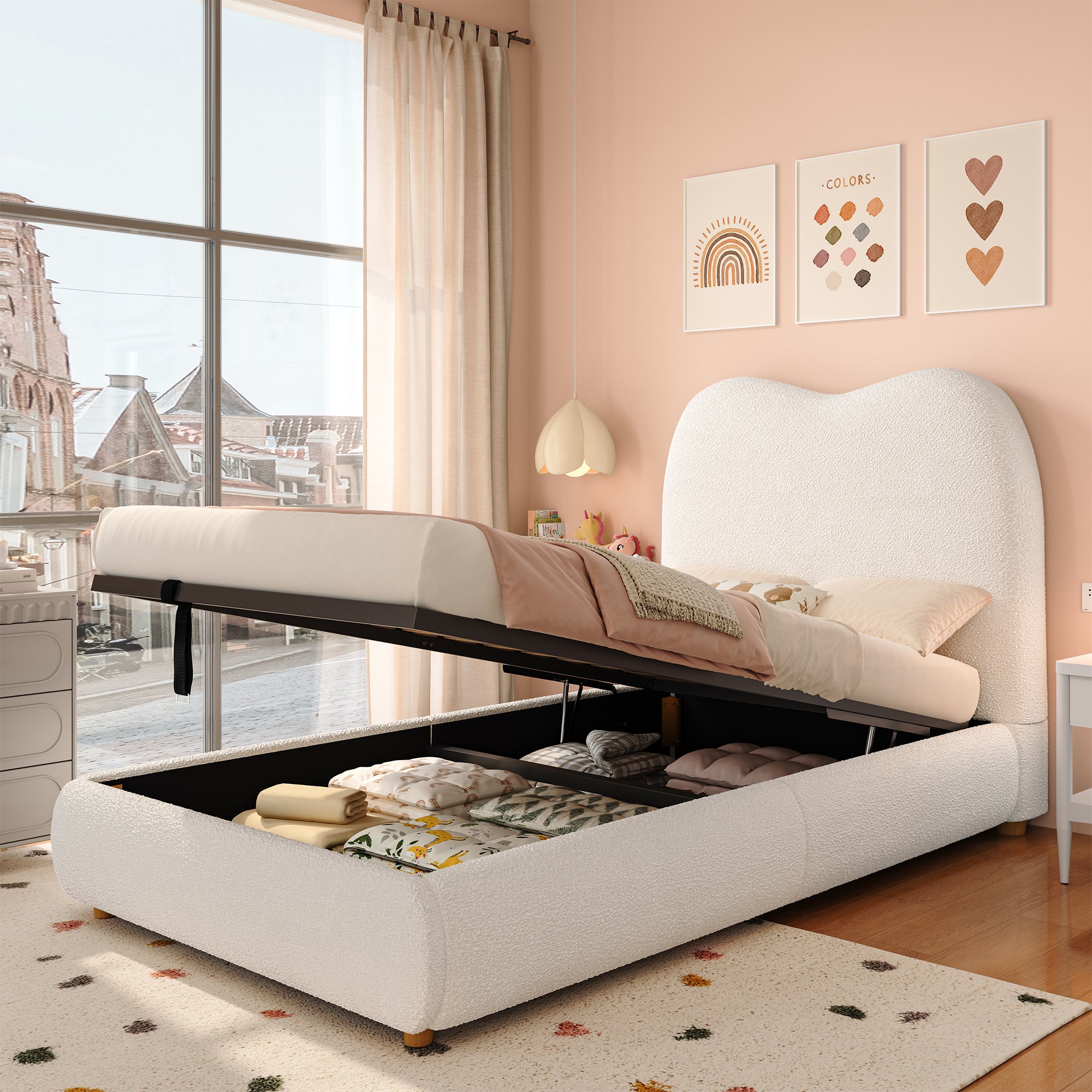 Bett dla dzieci 90x200 cm, z podwyższanym mechanizmem hydraulicznie sterowanym, z regulowanym poduszkowaniem i duzym magazynkiem