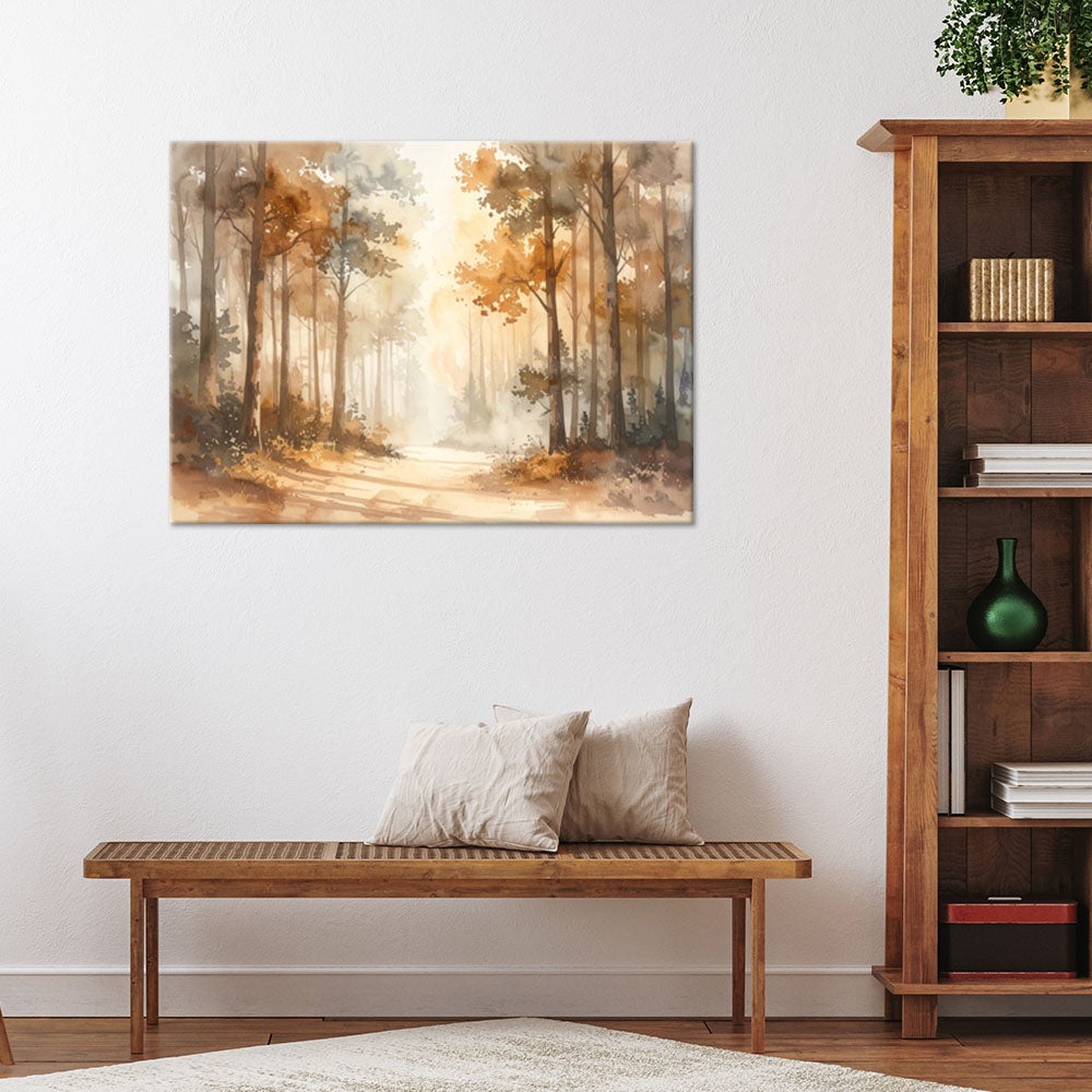 Obraz do salonu sypialni, Jesienny Mglisty Las Akwarelowy Leśny Krajobraz w Stylu Skandynawskim 120x80 - 2