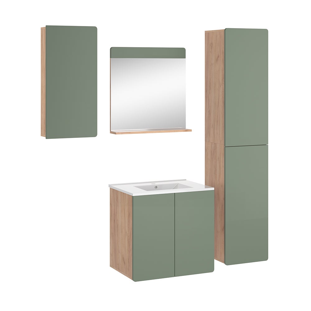Vicco Zestaw mebli łazienkowych Izan, Goldkraft dąb/zielony, 5-częściowy z wysoką szafką ścienną