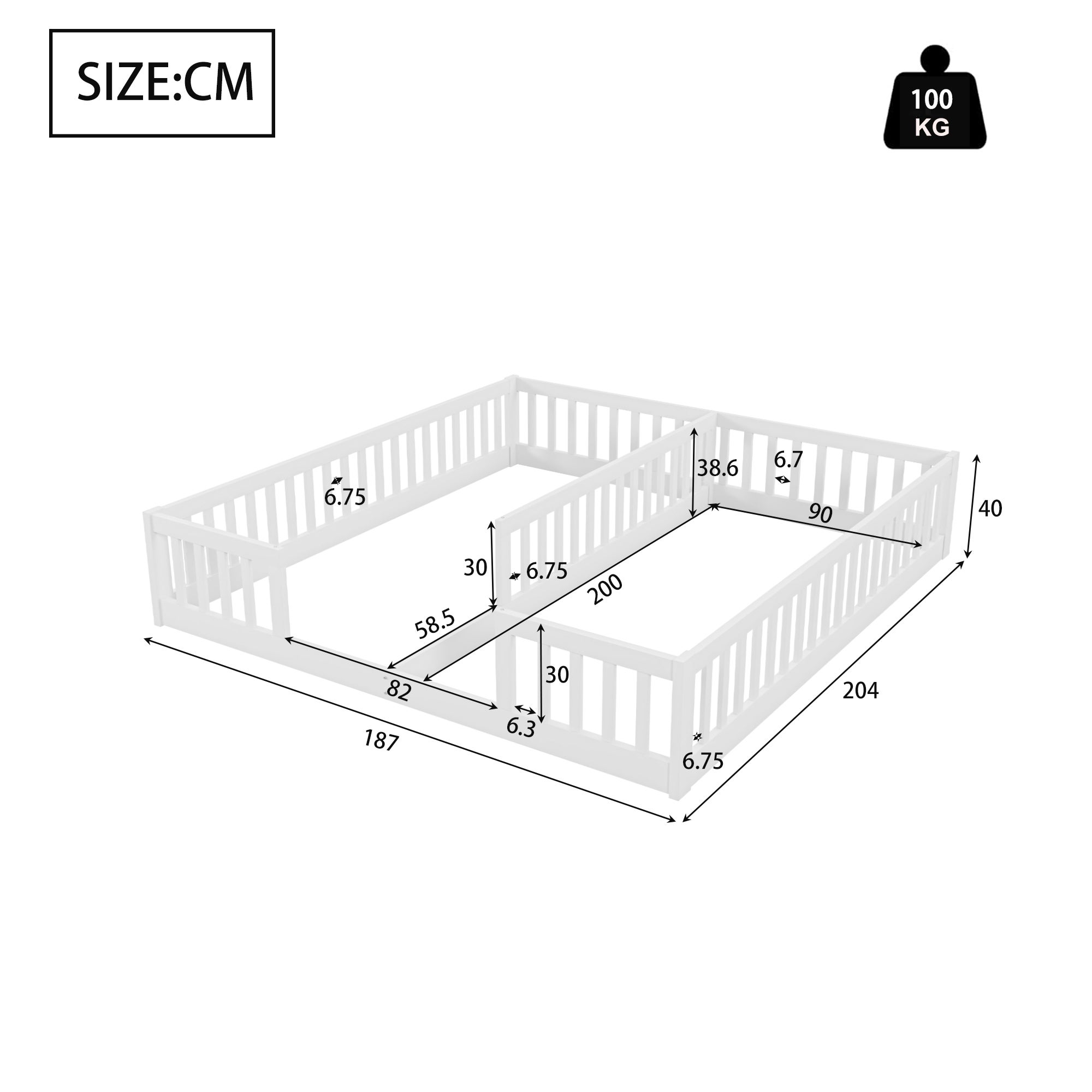 Lit enfant 2 x 90 x 200 cm avec barrières - Bois de pin + MDF - Style simple - Blanc (sans sommier et matelas) - 7