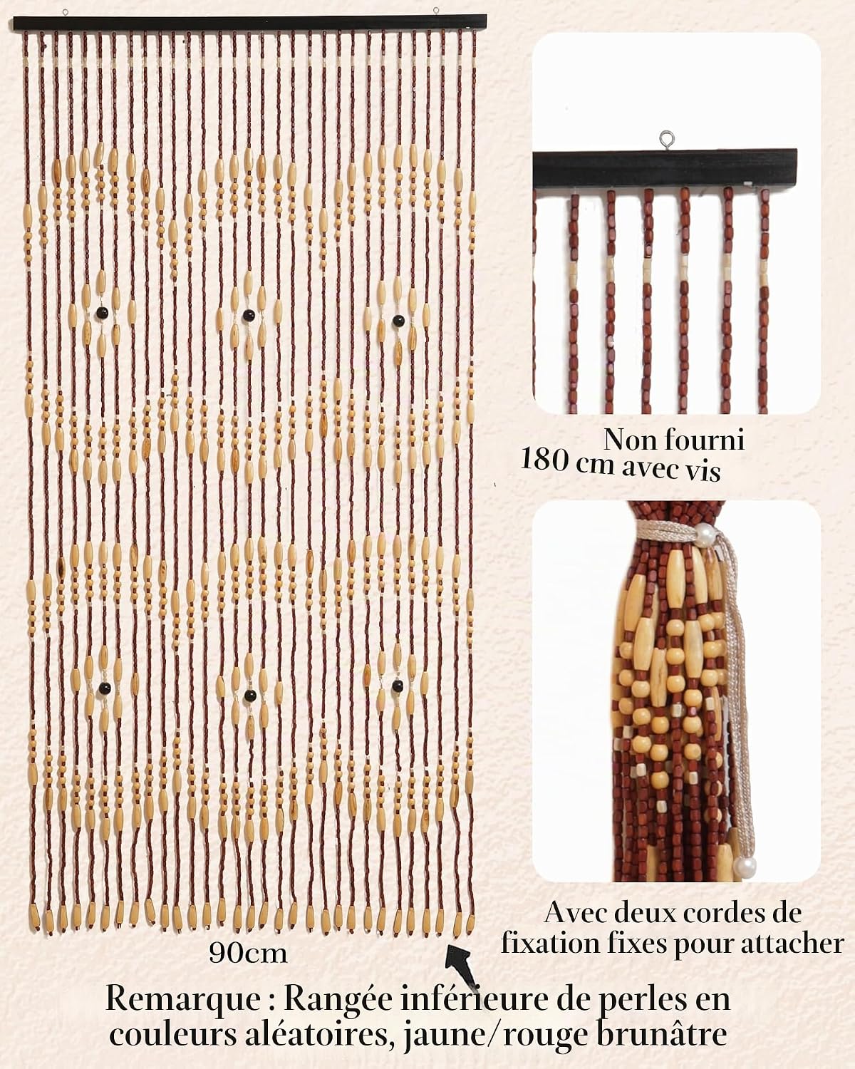 Rideau de porte en perles de bambou 90 x 175 cm pour portes, 31 brins, rideaux de perles comme décoration d'écran - 5